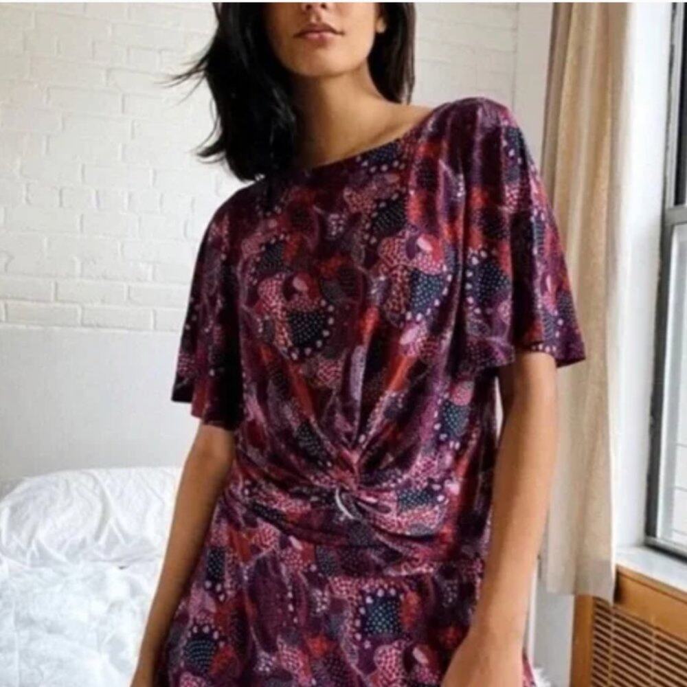 Anthropologie Twist Front Short Sleeve Bromeliad Print Top